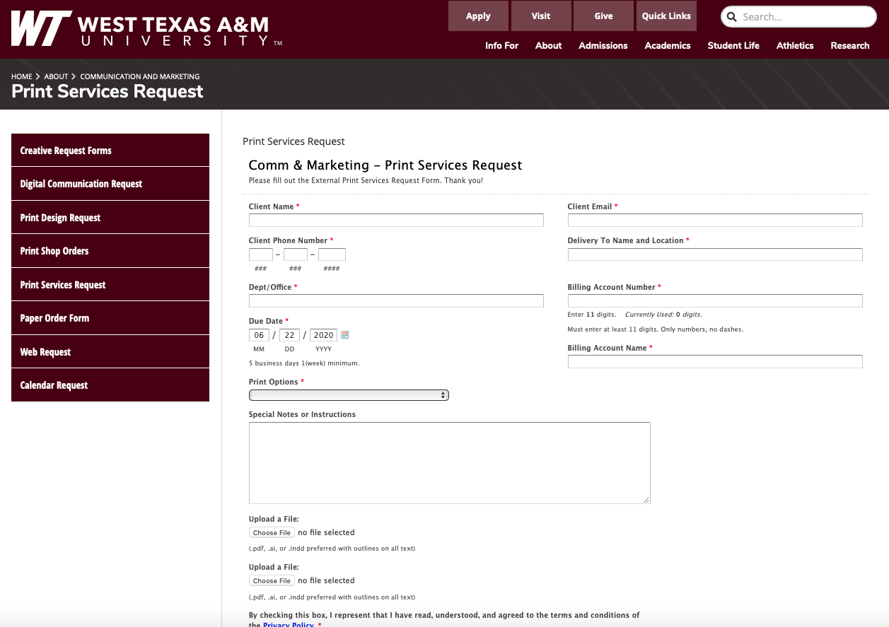 Print Shop Online Order Form example screenshot